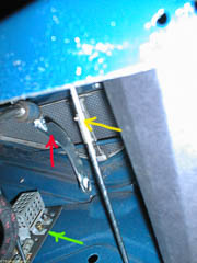 Looking up under the dash. The yellow arrow shows a sleeve coupling for the throttle rod. The green arrow shows the circuit break and ignition resistor. The red arrow is the cowl vent ratchet.