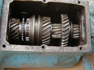Top view of transmission with 1937 gears with the synchronizer for second and third gears on the left