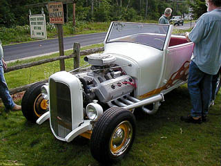 Hot rod using a Ford roadster body with a Chrysler "hemi" V8 engine